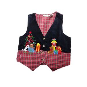 Vintage VJ Petites Christmas Vest Womens Size PS Black Plaid Holiday Cotton